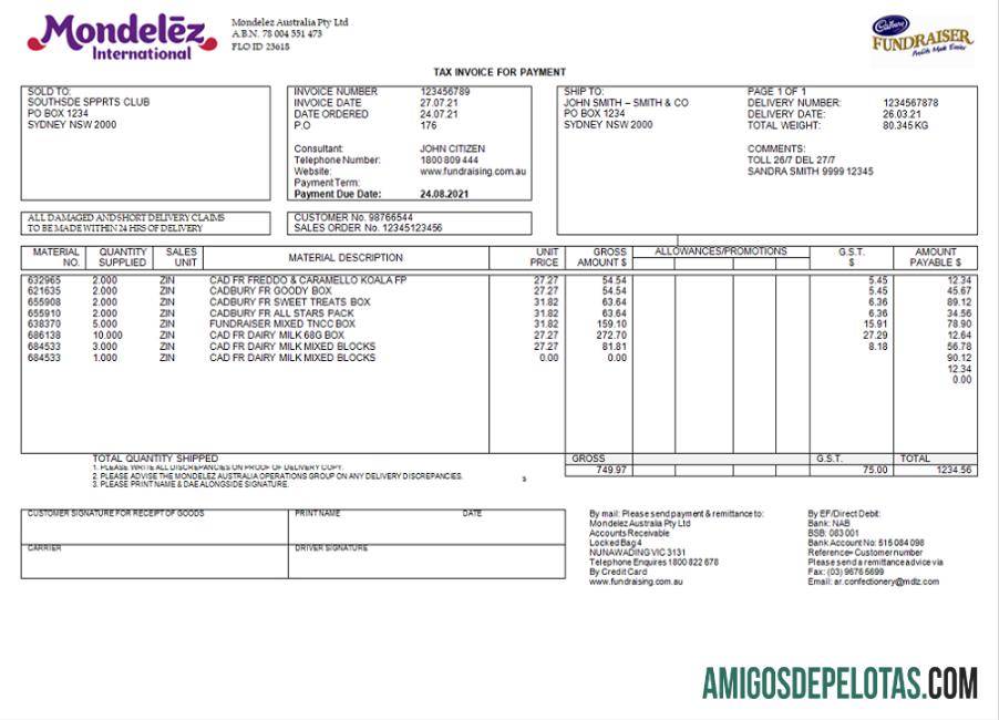 Fatura da Mondelez Holdings Pty Ltd da Austrália amostra